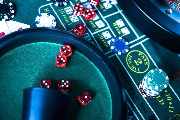 Dice and chips on a casino gaming table