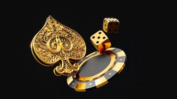 Gold spade emblem with a casino chip and dice