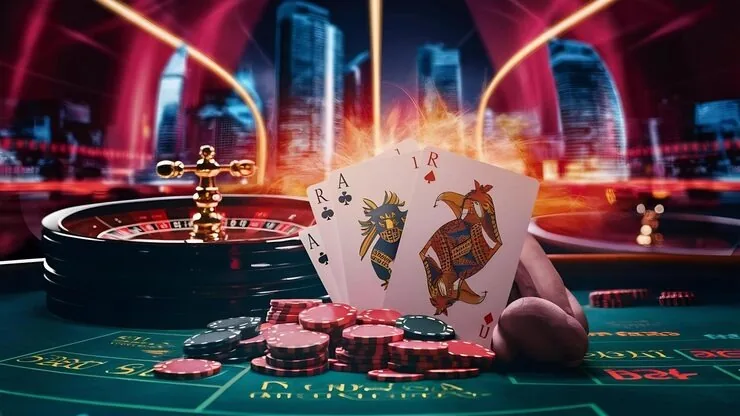 Roulette wheel, playing cards and casino chips against a neon city backdrop
